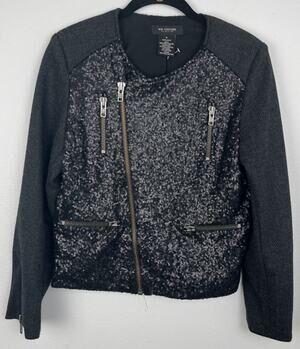 MM Couture by Miss Me Sequined Motorcycle Styled Herringbone Sleeve Jacket Sz M
